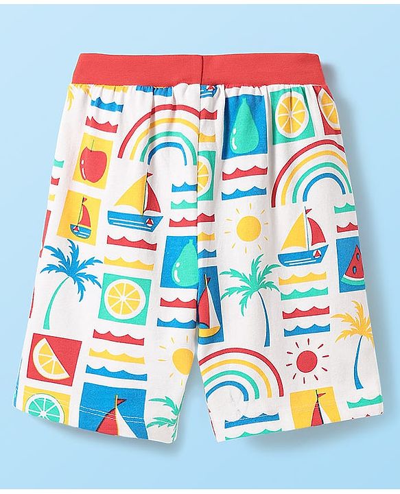 Babyhug Cotton Knit Half Sleeves Shorts Night Suit With Fruit & Boat Print - White