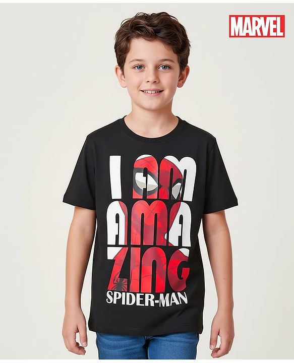 Pine Kids Marvel Single Jersey Knit Half Sleeves T-Shirt with Spider Man Graphics - Black