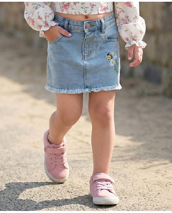 Babyhug Denim Mid Thigh Washed Skirts With Floral & Bee Embroidery - Light Blue