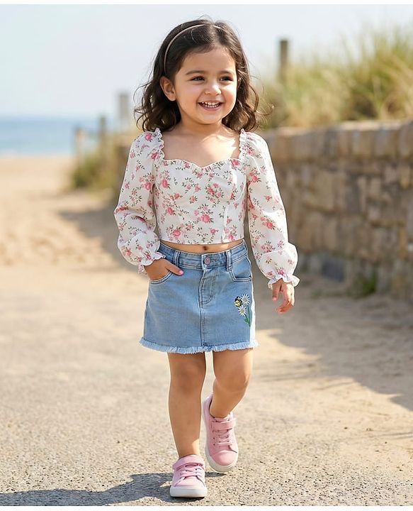 Babyhug Denim Mid Thigh Washed Skirts With Floral & Bee Embroidery - Light Blue
