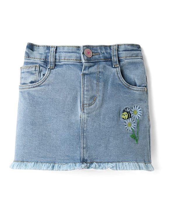 Babyhug Denim Mid Thigh Washed Skirts With Floral & Bee Embroidery - Light Blue