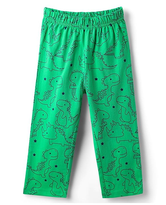 Babyhug Cotton Knit Half Sleeves Co-Ord Night Suit with Dino Print - Light Green
