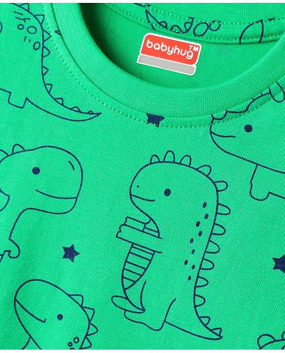 Babyhug Cotton Knit Half Sleeves Co-Ord Night Suit with Dino Print - Light Green