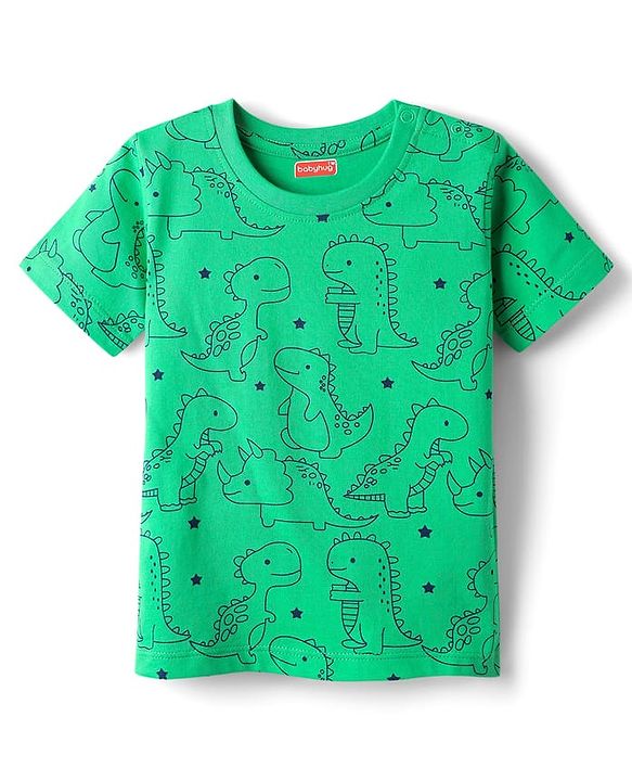 Babyhug Cotton Knit Half Sleeves Co-Ord Night Suit with Dino Print - Light Green