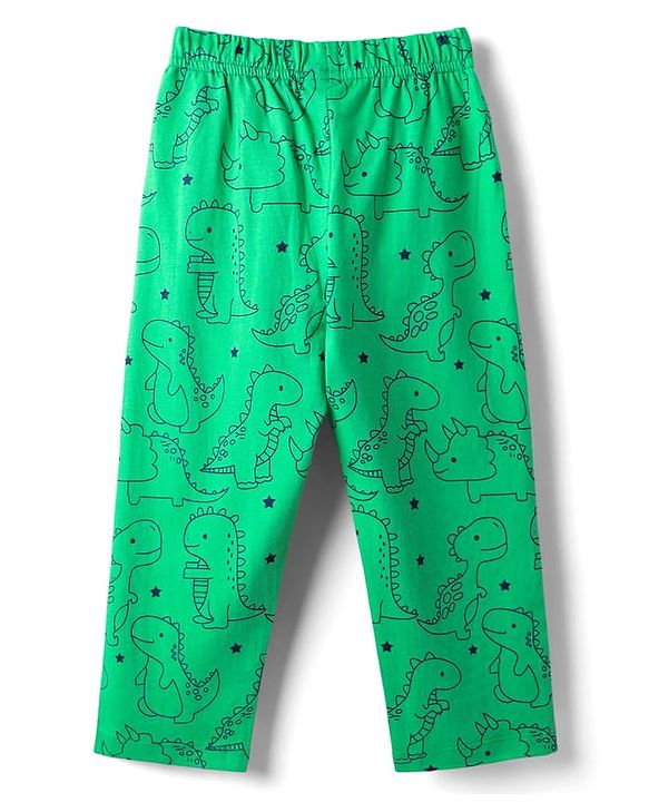 Babyhug Cotton Knit Half Sleeves Co-Ord Night Suit with Dino Print - Light Green