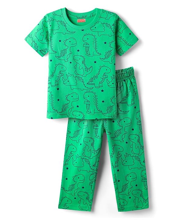 Babyhug Cotton Knit Half Sleeves Co-Ord Night Suit with Dino Print - Light Green