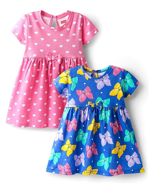 Babyhug Single Jersey Knit Half Sleeves Frocks with Hearts & Bow Print Pack of 2 - Pink & Blue