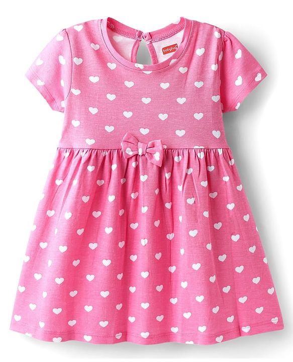 Babyhug Single Jersey Knit Half Sleeves Frocks with Hearts & Bow Print Pack of 2 - Pink & Blue