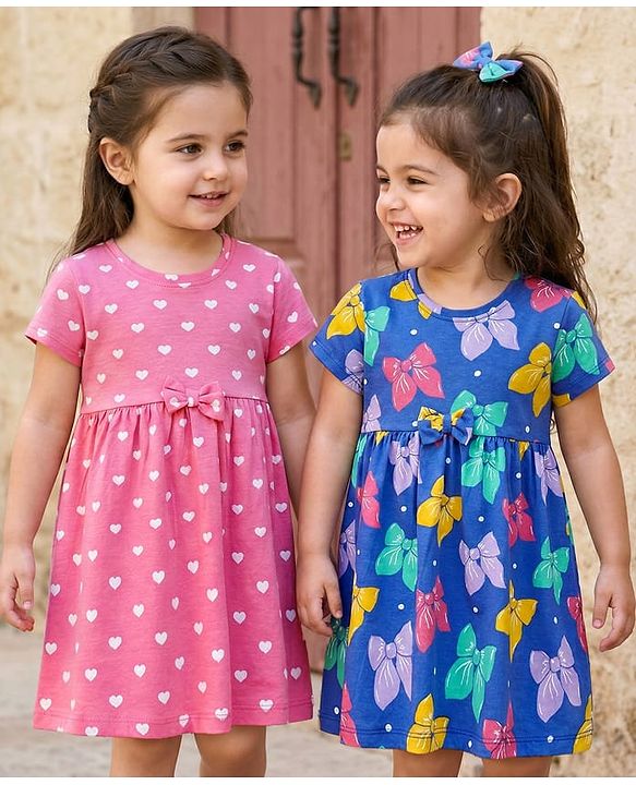 Babyhug Single Jersey Knit Half Sleeves Frocks with Hearts & Bow Print Pack of 2 - Pink & Blue