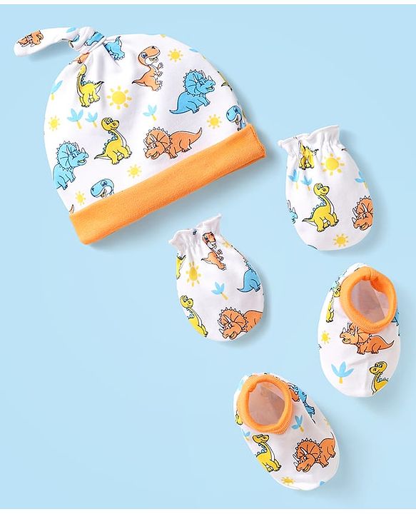 Babyhug Interlock Knit Cap Mittens & Booties Set With Dinosaur Print Orange - Diameter 10 cm