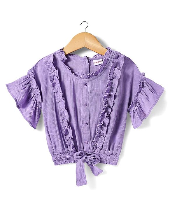 Babyhug Cotton Knit Half Sleeves Tops With Frill Detailing - Purple