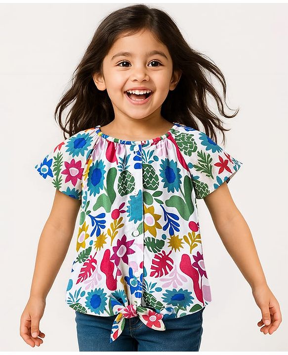 Babyhug Rayon Woven Frill Sleeves Top With Floral Print - White