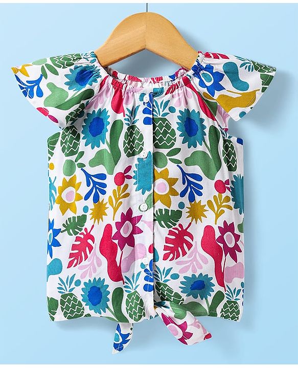 Babyhug Rayon Woven Frill Sleeves Top With Floral Print - White