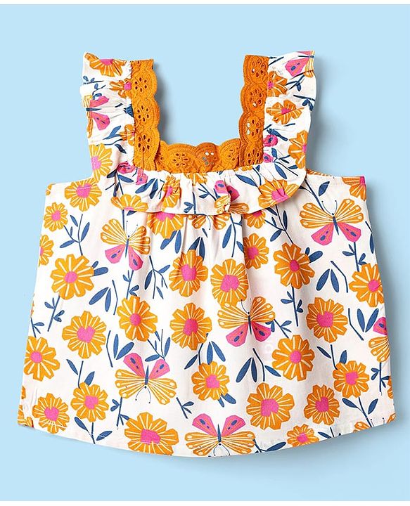 Babyhug Rayon Woven Frill Sleeves Floral Printed Top with Chifilli Detailing - White