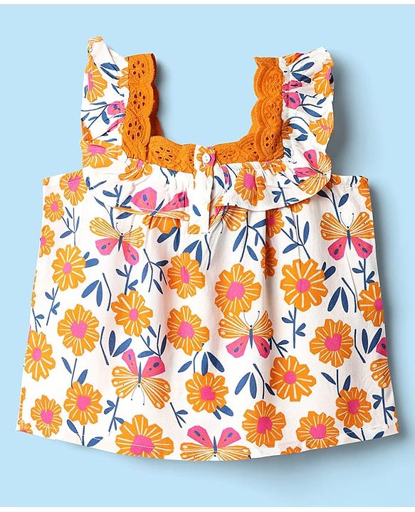 Babyhug Rayon Woven Frill Sleeves Floral Printed Top with Chifilli Detailing - White