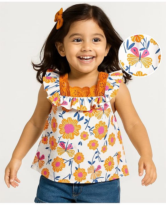 Babyhug Rayon Woven Frill Sleeves Floral Printed Top with Chifilli Detailing - White