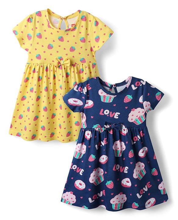 Babyhug Single Jersey Knit Half Sleeves Frocks with Tropical Print Pack of 2 - Navy Blue & Yellow