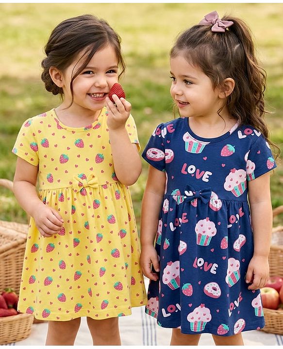 Babyhug Single Jersey Knit Half Sleeves Frocks with Tropical Print Pack of 2 - Navy Blue & Yellow