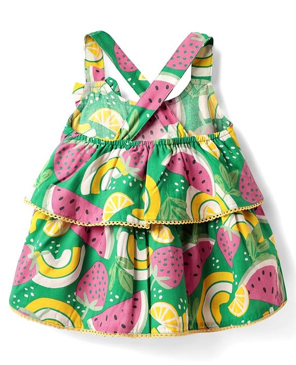 Babyhug Rayon Woven Sleeveless Layered Top with Tropical Theme Print & Bow Applique - Green