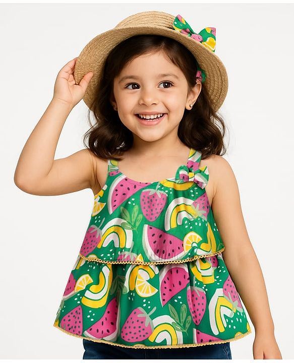 Babyhug Rayon Woven Sleeveless Layered Top with Tropical Theme Print & Bow Applique - Green