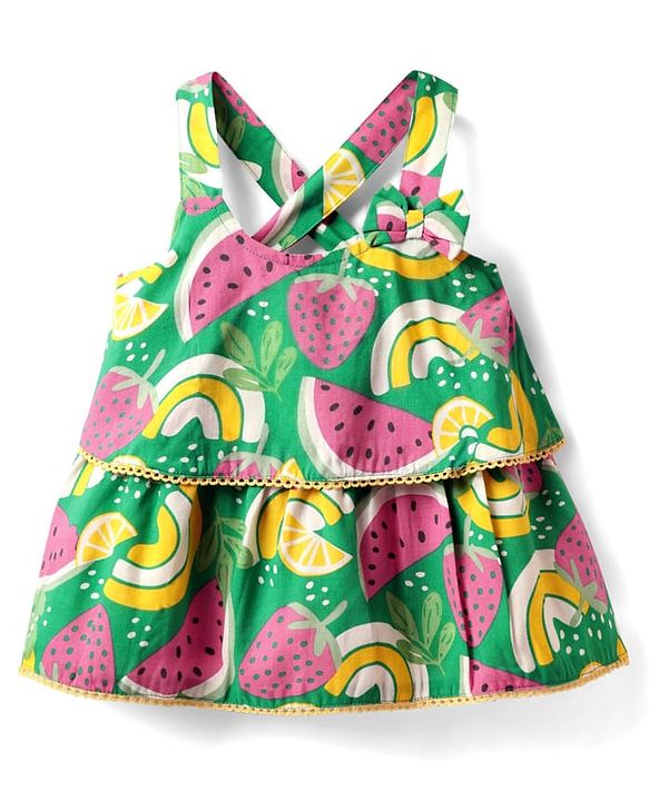 Babyhug Rayon Woven Sleeveless Layered Top with Tropical Theme Print & Bow Applique - Green