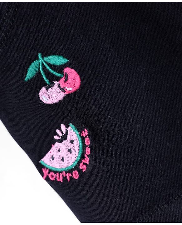 Babyhug Mid Thigh Length Denim Skirt with Fruit Embroidery - Black