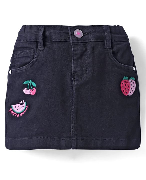 Babyhug Mid Thigh Length Denim Skirt with Fruit Embroidery - Black