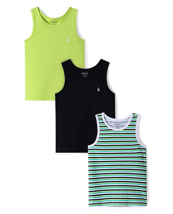 Pine Kids Cotton Lycra Knit Sleeveless Vests with Stripes & Logo Print Pack of 3 (Colour May Vary)