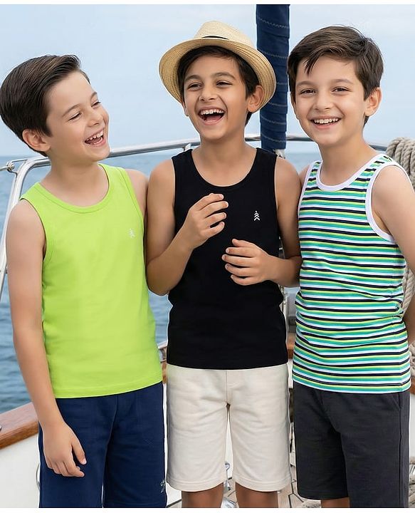 Pine Kids Cotton Lycra Knit Sleeveless Vests with Stripes & Logo Print Pack of 3 (Colour May Vary)