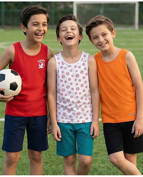 Pine Kids Cotton Lycra Knit Sleeveless Sando Vests With Football Print Pack of 3 (Color May Vary)