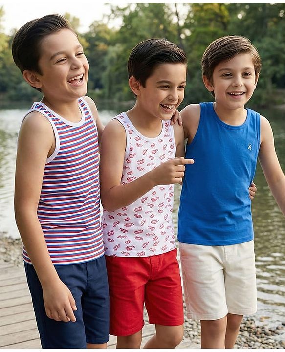 Pine Kids Cotton Lycra Knit Sleeveless Vests with Stripes & Cars Print (Colour May Vary)