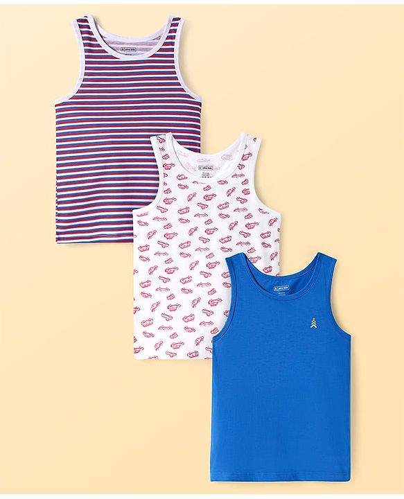 Pine Kids Cotton Lycra Knit Sleeveless Vests with Stripes & Cars Print (Colour May Vary)