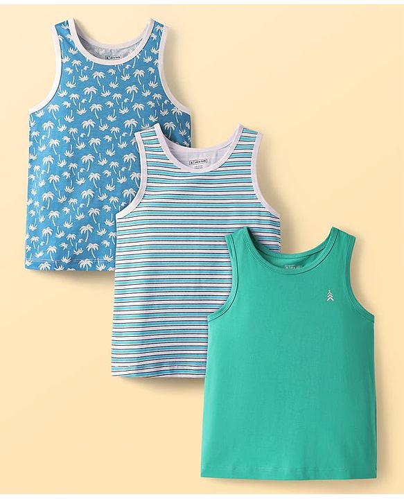 Pine Kids Cotton Lycra Knit Sleeveless Vests With Stripes & Tree Print Pack Of 3 (Colour May Vary)