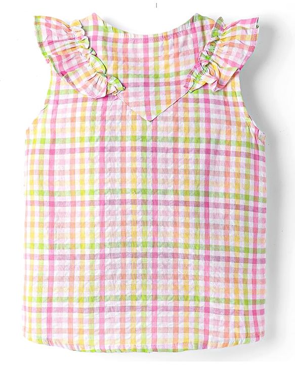 Babyhug Seer Sucker Woven Frill Sleeves Knotted Top with Checks - Multicolor
