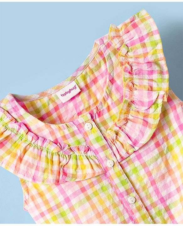 Babyhug Seer Sucker Woven Frill Sleeves Knotted Top with Checks - Multicolor