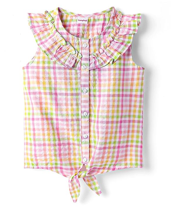 Babyhug Seer Sucker Woven Frill Sleeves Knotted Top with Checks - Multicolor
