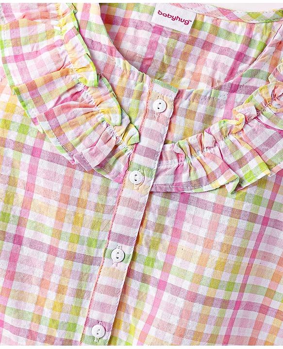 Babyhug Seer Sucker Woven Frill Sleeves Knotted Top with Checks - Multicolor