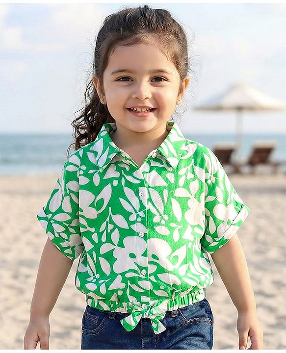 Babyhug Woven Half Sleeves Top With Floral Print - Light Green