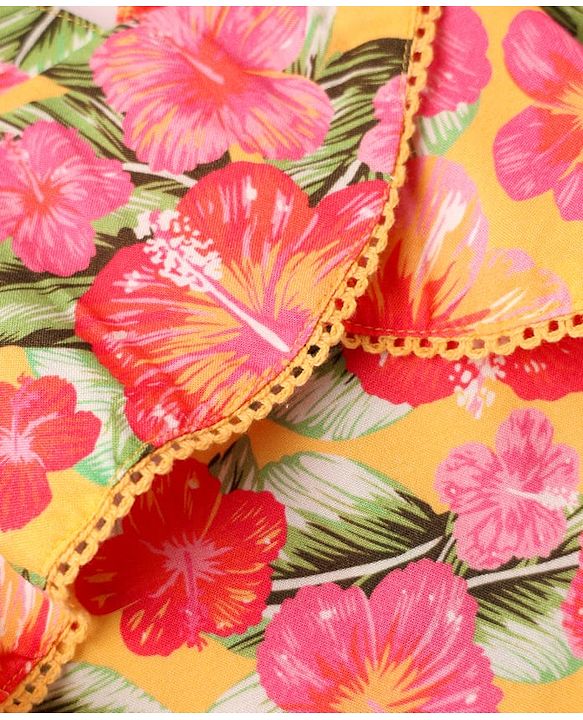 Babyhug Woven Sleeveless Top with Floral Print & Lace Detailing - Yellow & Pink