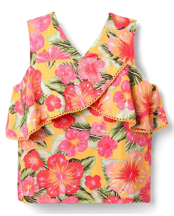 Babyhug Woven Sleeveless Top with Floral Print & Lace Detailing - Yellow & Pink