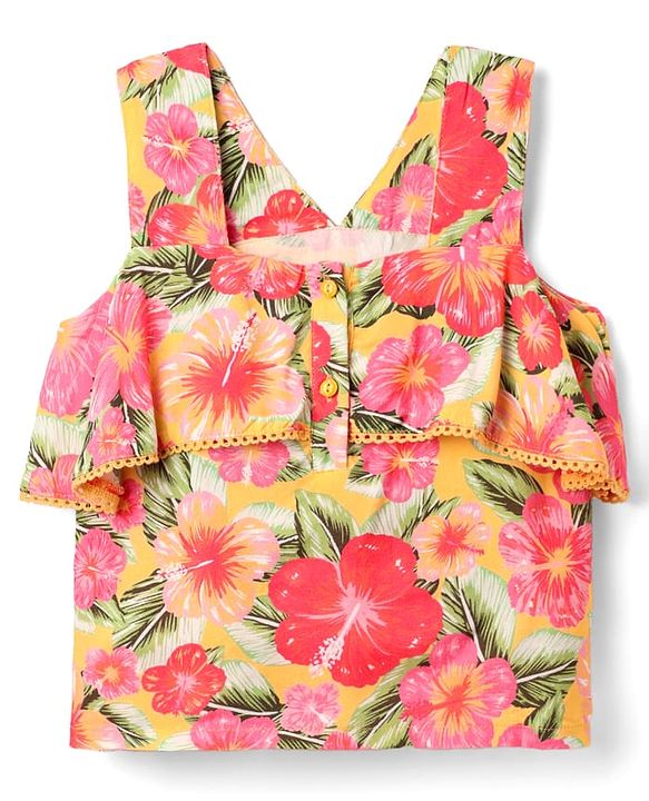 Babyhug Woven Sleeveless Top with Floral Print & Lace Detailing - Yellow & Pink