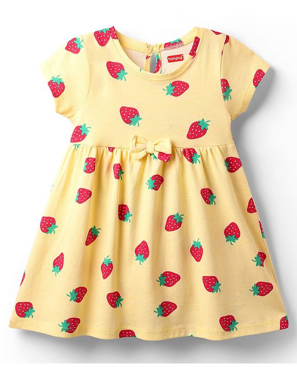 Babyhug Single Jersey Knit Half Sleeves Floral & Strawberry Printed Frocks With Bow Applique Pack of 2 - Yellow & Green