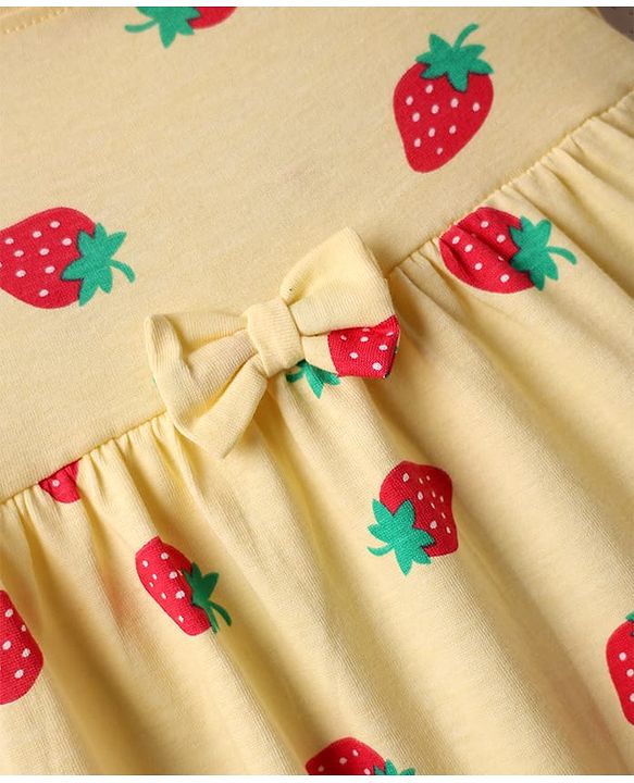 Babyhug Single Jersey Knit Half Sleeves Floral & Strawberry Printed Frocks With Bow Applique Pack of 2 - Yellow & Green