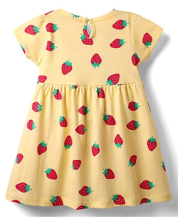 Babyhug Single Jersey Knit Half Sleeves Floral & Strawberry Printed Frocks With Bow Applique Pack of 2 - Yellow & Green