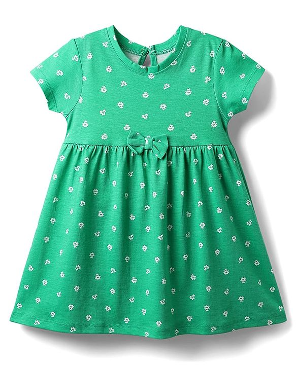 Babyhug Single Jersey Knit Half Sleeves Floral & Strawberry Printed Frocks With Bow Applique Pack of 2 - Yellow & Green