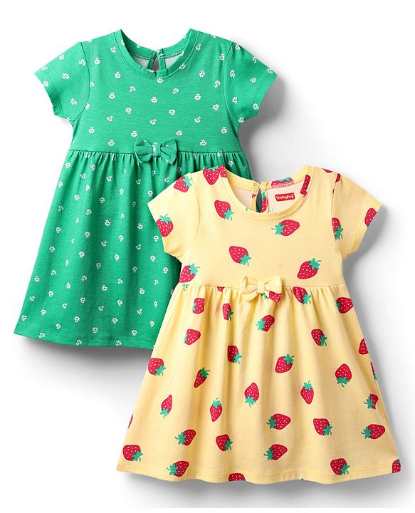 Babyhug Single Jersey Knit Half Sleeves Floral & Strawberry Printed Frocks With Bow Applique Pack of 2 - Yellow & Green