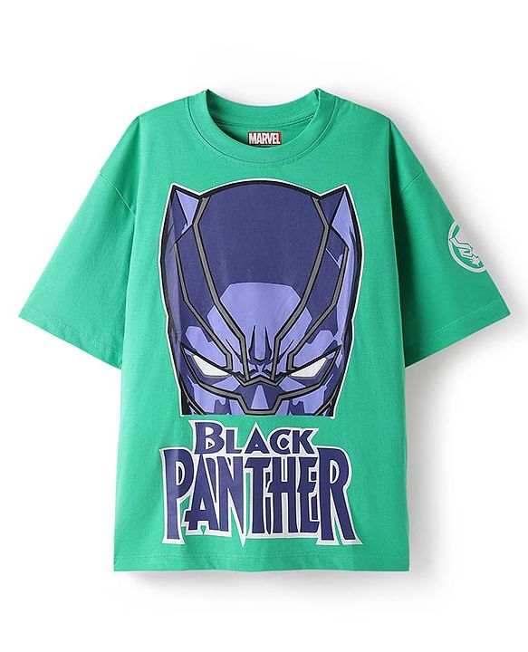 Pine Kids Marvel Single Jersey Knit Half Drop Shoulder Sleeves Oversized T-Shirt with Black Panther Graphics & Badge Detailing - Mint