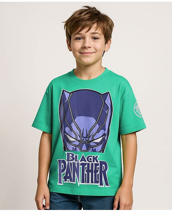 Pine Kids Marvel Single Jersey Knit Half Drop Shoulder Sleeves Oversized T-Shirt with Black Panther Graphics & Badge Detailing - Mint