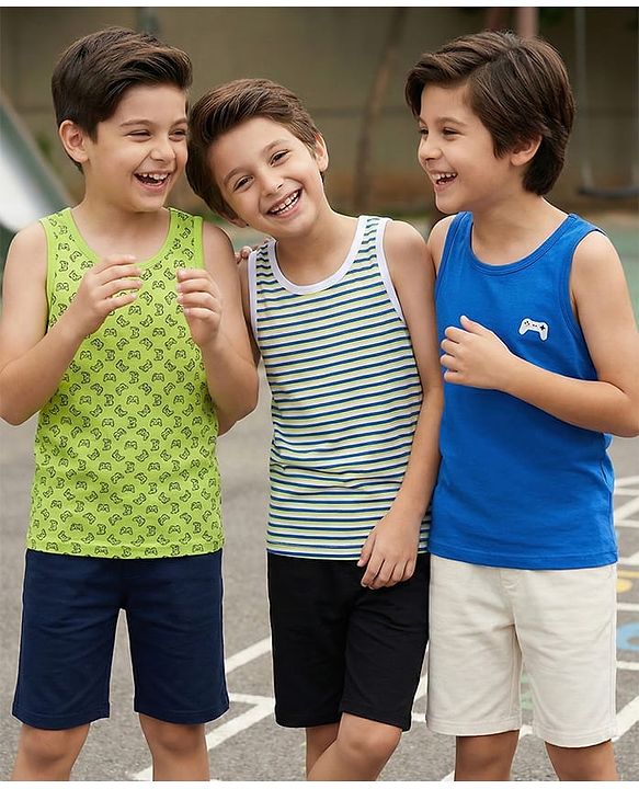 Pine Kids Cotton Lycra Knit Sleeveless Vests with Stripes & Gaming Controller Print Pack of 3 (Colour May Vary)