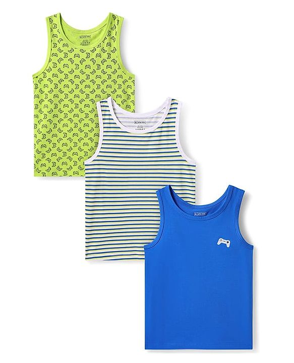 Pine Kids Cotton Lycra Knit Sleeveless Vests with Stripes & Gaming Controller Print Pack of 3 (Colour May Vary)